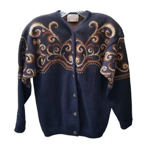 Pendleton Wool Navy Tan Brown Swirl Print Button Up Cardigan  L